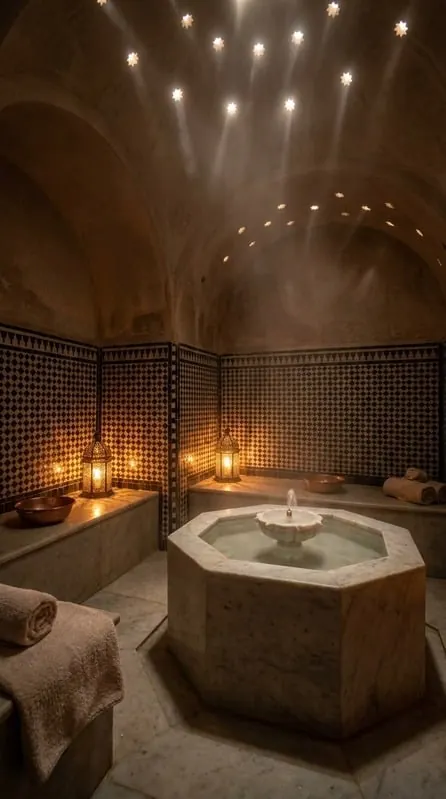 Warmly lit Moroccan hammam interior